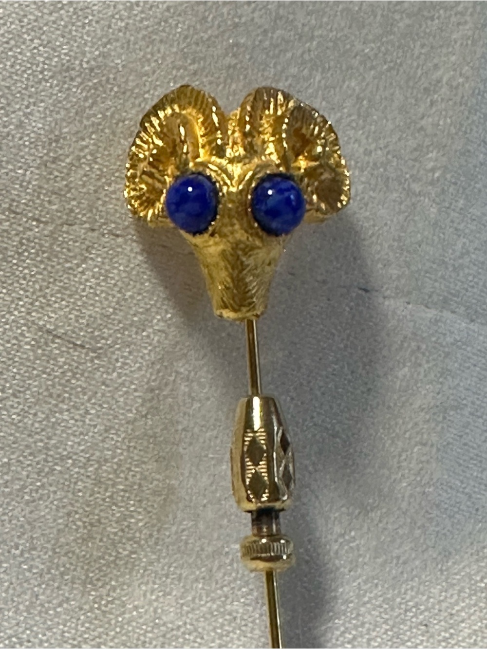 Gold Tone Ram’s Head Vintage Stick Pin with Blue Stone Eyes